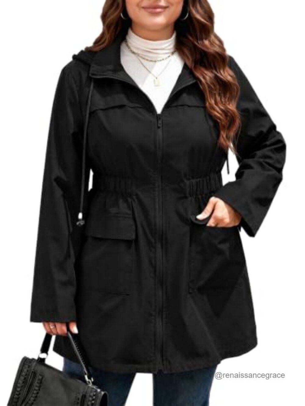 Plus Size Long Anorak Windbreaker Zip Up Hooded Utility Jacket Lightweight